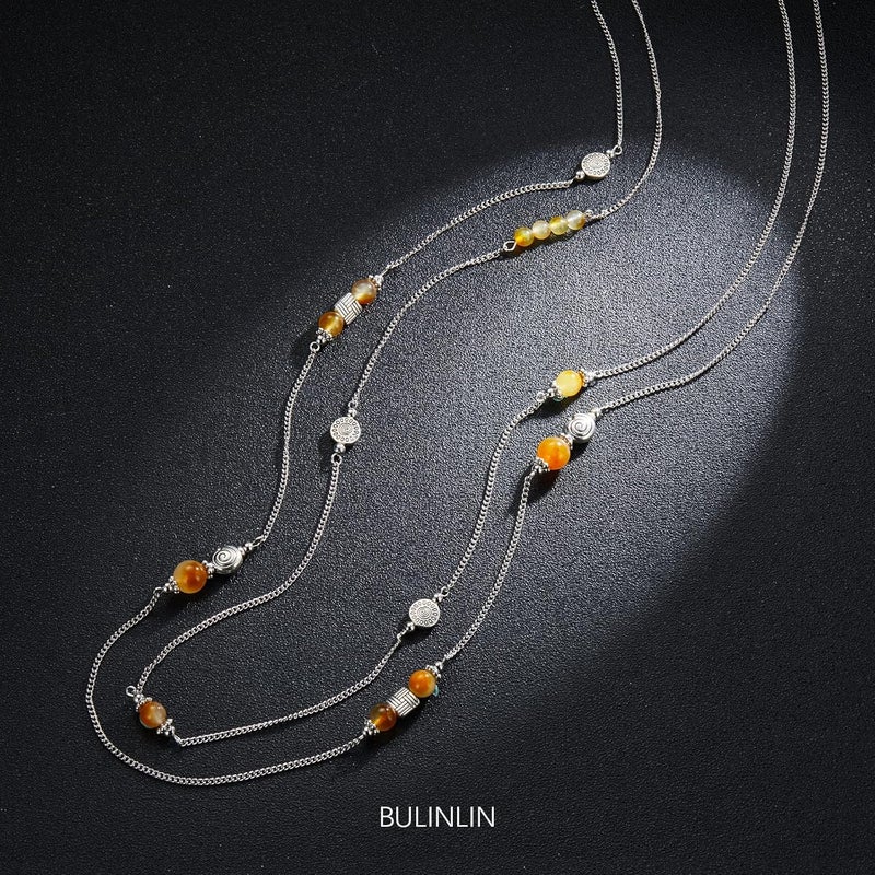 BULINLIN Layered Silver Long Necklace for Women Turquoise Stone Beaded Strand Sweater Chain Necklaces Fashion Costume Jewelry Gifts for Mom - Image 1